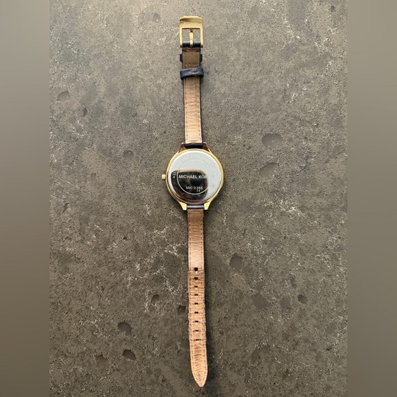 Michael Kors Gold Dial Watch with Slim Navy Blue Leather Strap - Picture 7 of 12